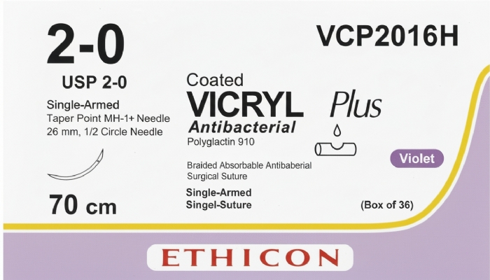 Ethicon VICRYL PLUS Polyglactin 910 Braided Absorbable Antibacterial Surgical Suture – USP 2-0 – 70 cm – Violet – Single-Armed Taper Point MH-1+ Needle 26 mm, 1/2 Circle – VCP2016H (Box of 36)