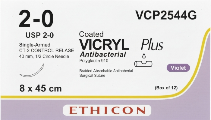 Ethicon VICRYL PLUS Polyglactin 910 Braided Absorbable Antibacterial Surgical Suture – USP 2-0 – 8 x 45 cm – Violet – Single-Armed Taper Point CT-2 CONTROL RELEASE Needle 40 mm, 1/2 Circle – VCP2544G (Box of 12)