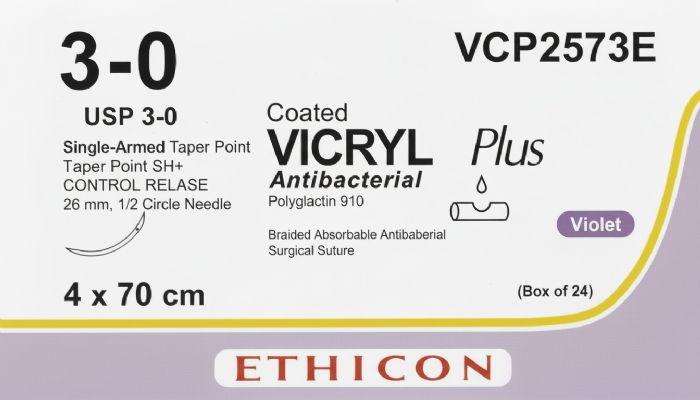 Ethicon VICRYL PLUS Polyglactin 910 Braided Absorbable Antibacterial Surgical Suture – USP 3-0 – 4 x 70 cm – Violet – Single-Armed Taper Point SH+ CONTROL RELEASE Needle 26 mm, 1/2 Circle – VCP2573E (Box of 24)