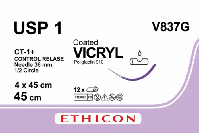 Ethicon VICRYL Polyglactin 910 Braided Absorbable Surgical Suture – USP 1 – 4 x 45 cm – Violet – Single-Armed Taper Point CT-1+ CONTROL RELEASE Needle 36 mm, 1/2 Circle – V837G (Box of 12)