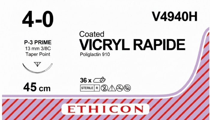 Ethicon VICRYL RAPIDE Polyglactin 910 Braided Rapidly Absorbable Surgical Suture – USP 4-0 (Metric 1.5) – 45 cm – Undyed – Single-Armed Taper Point P-3 PRIME Needle 13 mm, 3/8 Circle – V4940H (Box of 36)