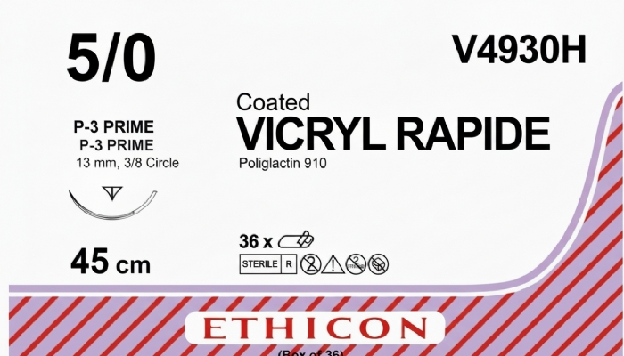 Ethicon VICRYL RAPIDE Polyglactin 910 Braided Rapidly Absorbable Surgical Suture – USP 5-0 – 45 cm – Undyed – Single-Armed Taper Point P-3 PRIME Needle 13 mm, 3/8 Circle – V4930H (Box of 36)
