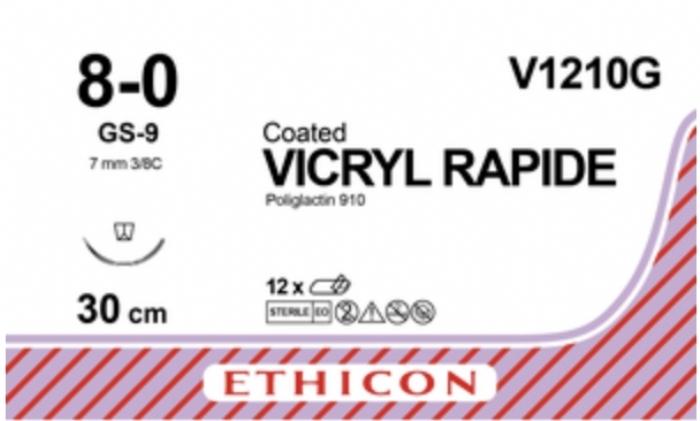 Ethicon VICRYL RAPIDE Polyglactin 910 Braided Rapidly Absorbable Surgical Suture – USP 8-0 – 30 cm – Violet – Single-Armed Taper Point GS-9 Needle 9 mm, 3/8 Circle – V1210G (Box of 12)