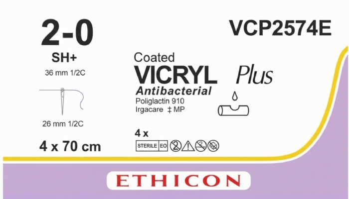 Ethicon VICRYL PLUS Polyglactin 910 Braided Absorbable Antibacterial Surgical Suture – USP 2-0 – 4 x 70 cm – Violet – Single-Armed Taper Point SH+ CR Needle 26 mm, 1/2 Circle – VCP2574E (Box of 24)