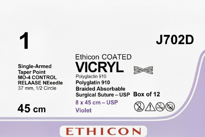 Ethicon COATED VICRYL Polyglactin 910 Braided Absorbable Surgical Suture – USP 1 – 8 x 45 cm – Violet – Single-Armed Taper Point MO-4 CONTROL RELEASE Needle 37 mm, 1/2 Circle – J702D (Box of 12)