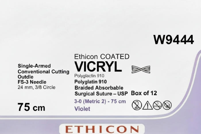 Ethicon VICRYL Polyglactin 910 Braided Absorbable Surgical Suture – USP 3-0 (Metric 2) – 75 cm – Violet – Single-Armed Conventional Cutting FS-3 Needle 24 mm, 3/8 Circle – W9444 (Box of 12)