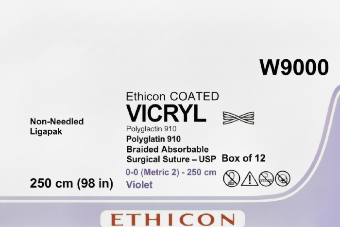Ethicon VICRYL Polyglactin 910 Braided Absorbable Surgical Suture – USP 0 – 250 cm (98 in) – Violet – Non-Needled Ligapak – W9000 (Box of 12)