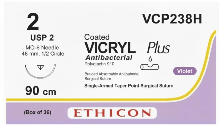 Ethicon VICRYL PLUS Polyglactin 910 Braided Absorbable Antibacterial Surgical Suture – USP 2 – 90 cm – Violet – Single-Armed Taper Point MO-6 Needle 48 mm, 1/2 Circle – VCP238H (Box of 36)