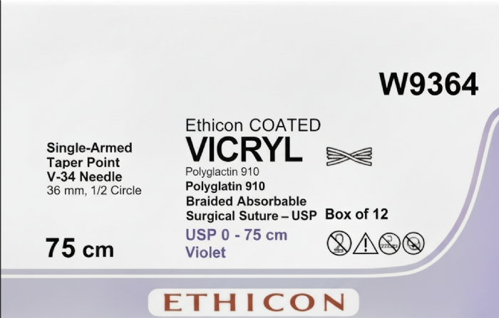 Ethicon VICRYL Polyglactin 910 Braided Absorbable Surgical Suture – USP 0 – 75 cm – Violet – Single-Armed Taper Point V-34 Needle 36 mm, 1/2 Circle – W9364 (Box of 12)