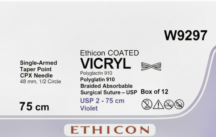 Ethicon VICRYL Polyglactin 910 Braided Absorbable Surgical Suture – USP 2 – 75 cm – Violet – Single-Armed Taper Point CPX Needle 48 mm, 1/2 Circle – W9297 (Box of 12)