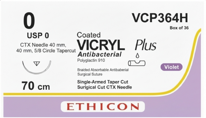 Ethicon VICRYL PLUS Polyglactin 910 Braided Absorbable Antibacterial Surgical Suture – USP 0 – 70 cm – Violet – Single-Armed Taper Cut CTX Needle – VCP364H (Box of 36)