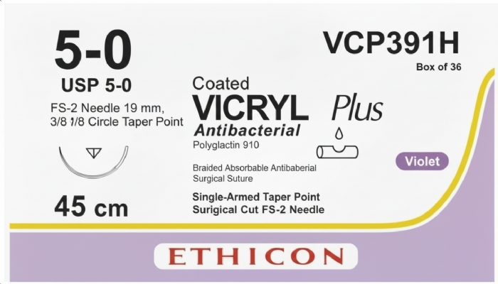 Ethicon VICRYL PLUS Polyglactin 910 Braided Absorbable Antibacterial Surgical Suture – USP 5-0 – 45 cm – Violet – Single-Armed Taper Point FS-2 Needle 19 mm, 3/8 Circle – VCP391H (Box of 36)