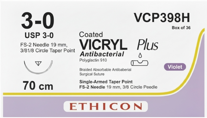 Ethicon VICRYL PLUS Polyglactin 910 Braided Absorbable Antibacterial Surgical Suture – USP 3-0 – 70 cm – Violet – Single-Armed Taper Point FS-2 Needle 19 mm, 3/8 Circle – VCP398H (Box of 36)