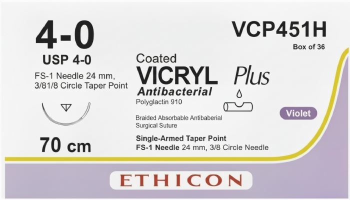 Ethicon VICRYL PLUS Polyglactin 910 Braided Absorbable Antibacterial Surgical Suture – USP 4-0 – 70 cm – Violet – Single-Armed Taper Point FS-1 Needle 24 mm, 3/8 Circle – VCP451H (Box of 36)