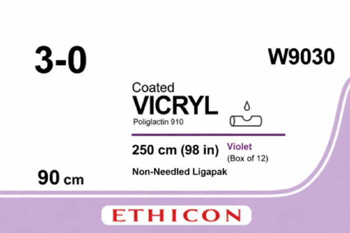 Ethicon VICRYL Polyglactin 910 Braided Absorbable Surgical Suture – USP 3-0 – 250 cm (98 in) – Violet – Non-Needled Ligapak – W9030 (Box of 12)