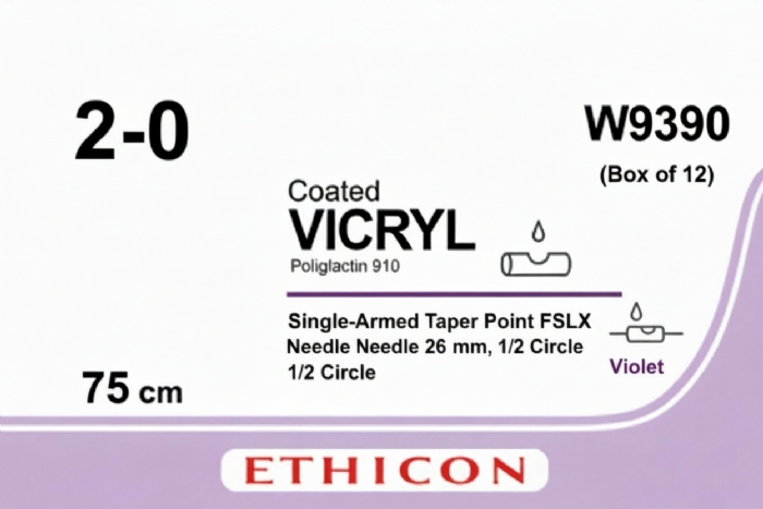 Ethicon VICRYL Polyglactin 910 Braided Absorbable Surgical Suture – USP 2-0 – 75 cm – Violet – Single-Armed Taper Point FSLX Needle 26 mm, 1/2 Circle – W9390 (Box of 12)