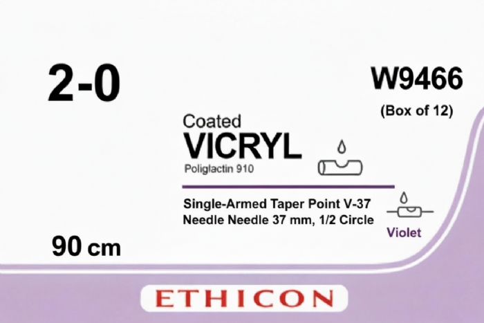 Ethicon VICRYL Polyglactin 910 Braided Absorbable Surgical Suture – USP 2-0 – 90 cm – Violet – Single-Armed Taper Point V-37 Needle 37 mm, 1/2 Circle – W9466 (Box of 12)