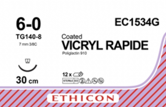 Ethicon VICRYL RAPIDE Polyglactin 910 Braided Rapidly Absorbable Surgical Suture – USP 6-0 (Metric 0.7) – 30 cm – Violet – EC1534G (Box of 12)