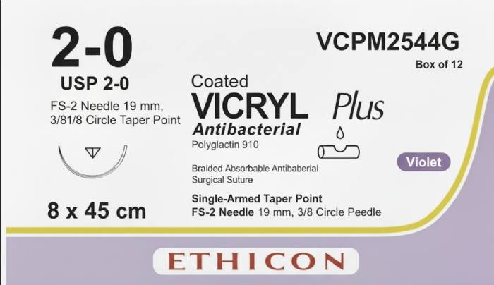 Ethicon VICRYL PLUS Polyglactin 910 Braided Absorbable Antibacterial Surgical Suture – USP 2-0 (Metric 3) – 8 x 45 cm – Violet – Single-Armed – VCPM2544G (Box of 12)