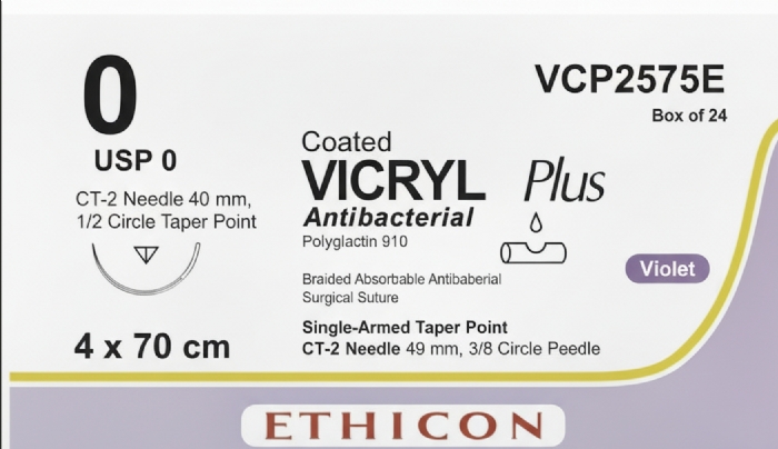 Ethicon VICRYL PLUS Polyglactin 910 Braided Absorbable Antibacterial Surgical Suture – USP 0 – 4 x 70 cm – Violet – Single-Armed Taper Point CT-2 CONTROL RELEASE Needle 40 mm, 1/2 Circle – VCP2575E (Box of 24)