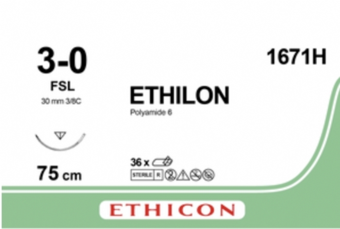Ethicon ETHILON™ Black Monofilament Non-Absorbable Surgical Suture – USP 3-0 – 30 in (75 cm) – Black – FSL Reverse Cutting Needle 19 mm – 3/8 Circle – 1671H (Box of 36)