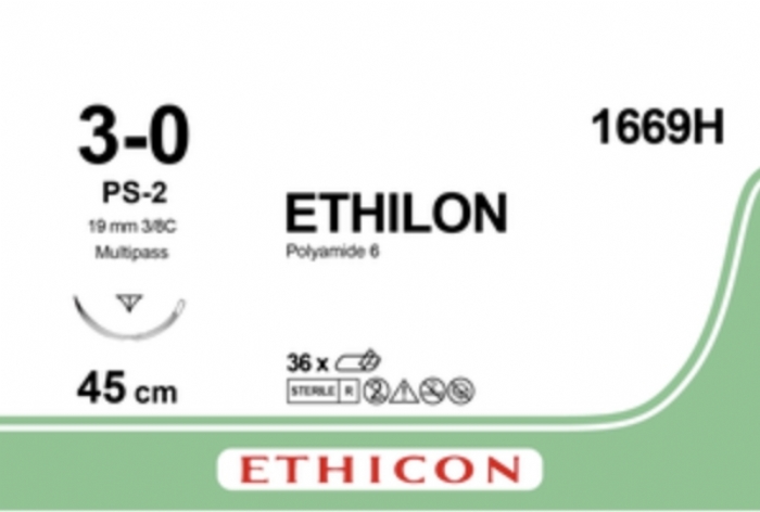 Ethicon ETHILON™ Black Monofilament Non-Absorbable Surgical Suture – USP 3-0 – 18 in (45 cm) – Black – PS-2 Prime Reverse Cutting Needle 19 mm – 3/8 Circle – 1669H (Box of 36)