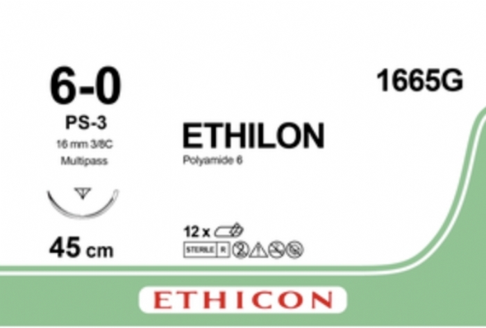 Ethicon ETHILON™ Black Monofilament Non-Absorbable Surgical Suture – USP 6-0 – 18 in (45 cm) – Black – PS-3 Prime Reverse Cutting Needle 13 mm – 3/8 Circle – 1665G (Box of 12)