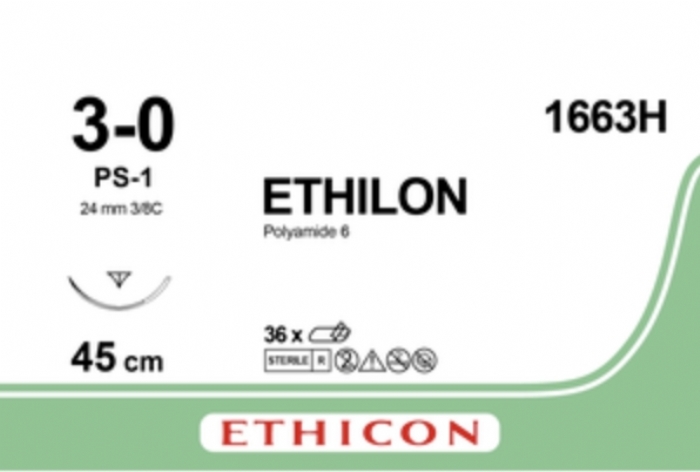 Ethicon ETHILON™ Black Monofilament Non-Absorbable Surgical Suture – USP 3-0 – 18 in (45 cm) – Black – PS-1 Prime Reverse Cutting Needle 24 mm – 3/8 Circle – 1663H (Box of 36)