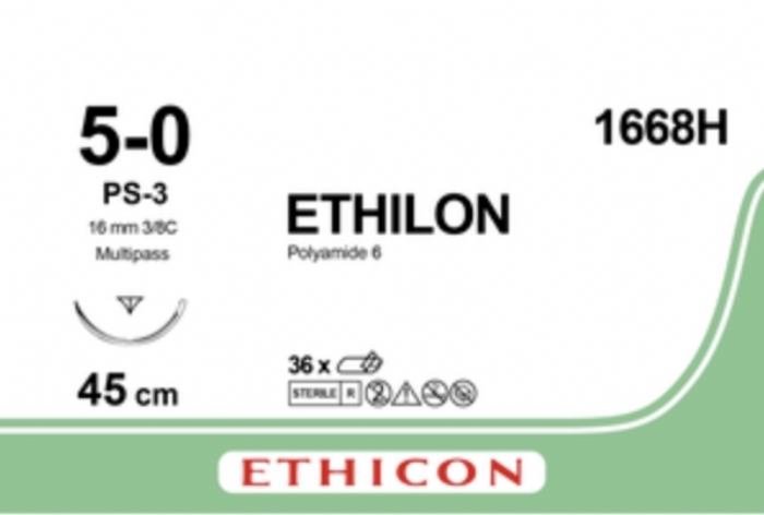 Ethicon ETHILON™ Black Monofilament Non-Absorbable Surgical Suture – USP 5-0 – 18 in (45 cm) – Black – PS-3 Prime Reverse Cutting Needle 13 mm – 3/8 Circle – 1668H (Box of 36)