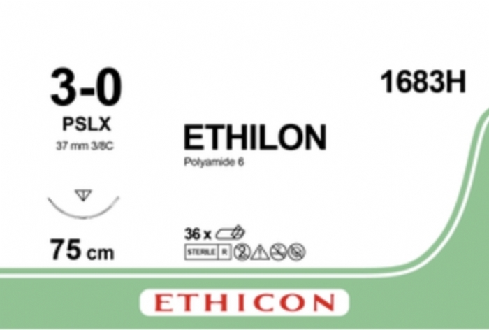 Ethicon ETHILON™ Black Monofilament Non-Absorbable Surgical Suture – USP 3-0 – 30 in (75 cm) – Black – PSLX Reverse Cutting Needle 19 mm – 3/8 Circle – 1683H (Box of 36)