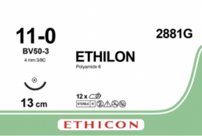 Ethicon ETHILON™ Black Monofilament Non-Absorbable Microsurgical Suture – USP 11-0 – 5 in (13 cm) – Black – BV50-3 Taper Point Needle 6.5 mm – 3/8 Circle – 2881G (Box of 12)