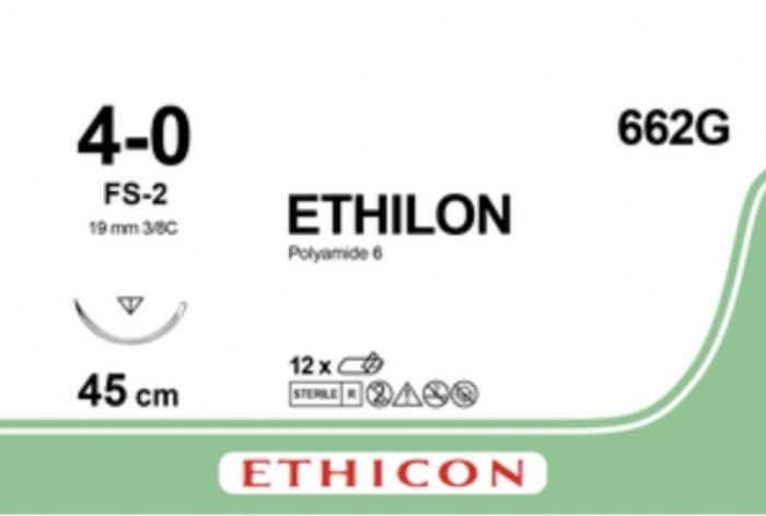 Ethicon ETHILON™ Black Monofilament Non-Absorbable Surgical Suture – USP 4-0 – 18 in (45 cm) – Black – FS-2 Reverse Cutting Needle 19 mm – 3/8 Circle – 662G (Box of 12)
