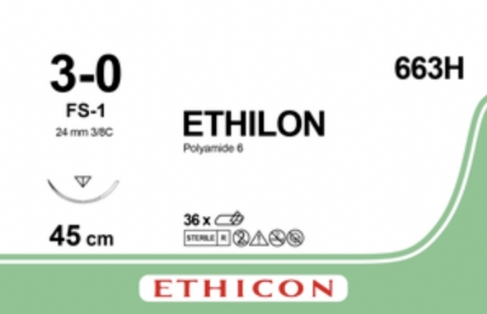 Ethicon ETHILON™ Black Monofilament Non-Absorbable Surgical Suture – USP 3-0 – 18 in (45 cm) – Black – FS-1 Reverse Cutting Needle 24 mm – 3/8 Circle – 663H (Box of 36)