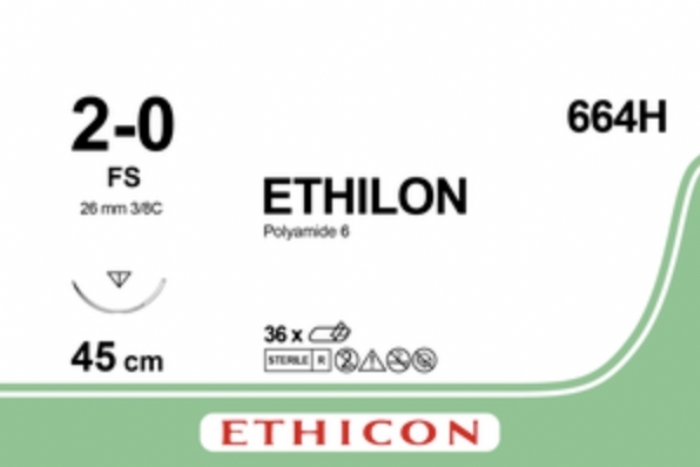 Ethicon ETHILON™ Black Monofilament Non-Absorbable Surgical Suture – USP 2-0 – 18 in (45 cm) – Black – FS Reverse Cutting Needle 26 mm – 3/8 Circle – 664H (Box of 36)