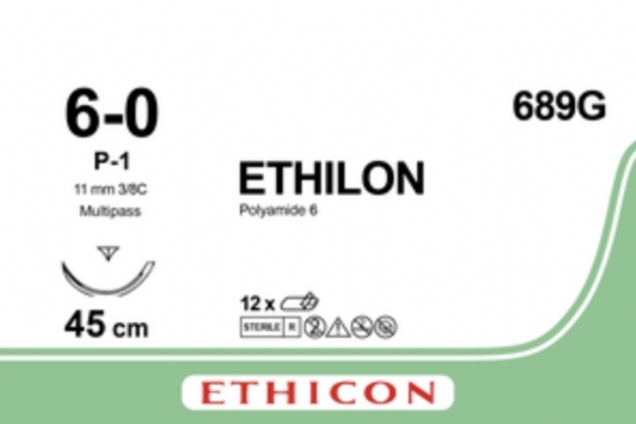 Ethicon ETHILON™ Undyed Monofilament Non-Absorbable Surgical Suture – USP 6-0 – 18 in (45 cm) – Undyed – P-1 Prime Cutting Needle 11 mm – 3/8 Circle – 689G (Box of 12)