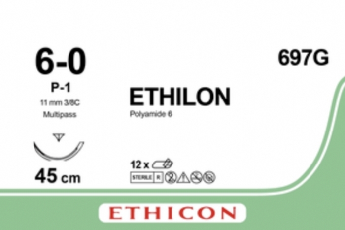 Ethicon ETHILON™ Black Monofilament Non-Absorbable Surgical Suture – USP 6-0 – 18 in (45 cm) – Black – P-1 Prime Cutting Needle 11 mm – 3/8 Circle – 697G (Box of 12)