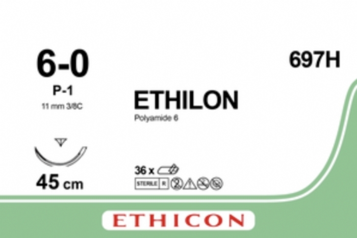 Ethicon ETHILON™ Black Monofilament Non-Absorbable Surgical Suture – USP 6-0 – 18 in (45 cm) – Black – P-1 Prime Cutting Needle 11 mm – 3/8 Circle – 697H (Box of 36)
