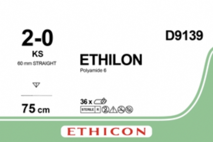 Ethicon ETHILON™ Clear (Undyed) Monofilament Non-Absorbable Surgical Suture – USP 2-0 – 30 in (75 cm) – Clear – KS Reverse Cutting Needle 19 mm – 3/8 Circle – D9139 (Box of 36)