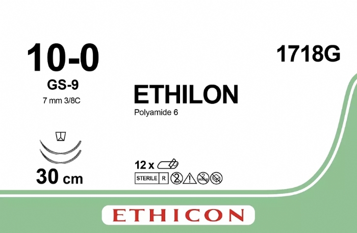 Ethicon ETHILON™ Black Monofilament Non-Absorbable Microsurgical Suture – USP 10-0 – 12 in (30 cm) – Black – Double-Armed GS-9 Taper Point Needles 6.5 mm – 3/8 Circle – 1718G (Box of 12)