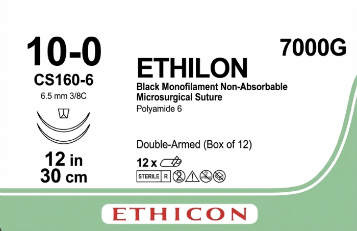 Ethicon ETHILON™ Black Monofilament Non-Absorbable Microsurgical Suture – USP 10-0 – 12 in (30 cm) – Black – Double-Armed CS160-6 Taper Point Needles 6.5 mm – 3/8 Circle – 7000G (Box of 12)