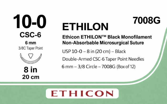 Ethicon ETHILON™ Black Monofilament Non-Absorbable Microsurgical Suture – USP 10-0 – 8 in (20 cm) – Black – Double-Armed CSC-6 Taper Point Needles 6 mm – 3/8 Circle – 7008G (Box of 12)