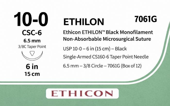 Ethicon ETHILON™ Black Monofilament Non-Absorbable Microsurgical Suture – USP 10-0 – 6 in (15 cm) – Black – Single-Armed CS160-6 Taper Point Needle 6.5 mm – 3/8 Circle – 7061G (Box of 12)