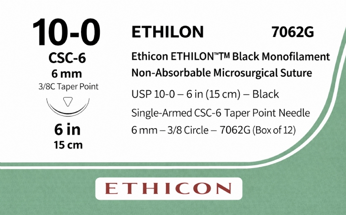 Ethicon ETHILON™ Black Monofilament Non-Absorbable Microsurgical Suture – USP 10-0 – 6 in (15 cm) – Black – Single-Armed CSC-6 Taper Point Needle 6 mm – 3/8 Circle – 7062G (Box of 12)