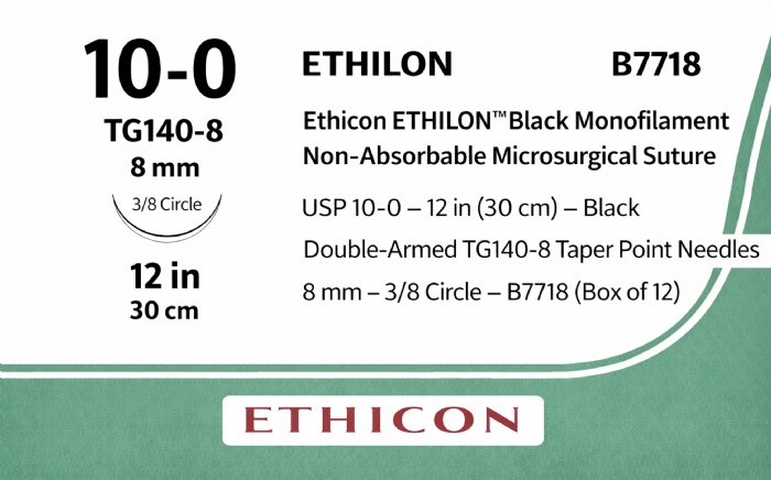 Ethicon ETHILON™ Black Monofilament Non-Absorbable Microsurgical Suture – USP 10-0 – 12 in (30 cm) – Black – Double-Armed TG140-8 Taper Point Needles 8 mm – 3/8 Circle – B7718 (Box of 12)