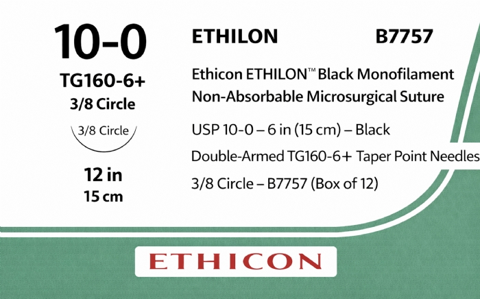 Ethicon ETHILON™ Black Monofilament Non-Absorbable Microsurgical Suture – USP 10-0 – 6 in (15 cm) – Black – Double-Armed TG160-6+ Taper Point Needles – 3/8 Circle – B7757 (Box of 12)
