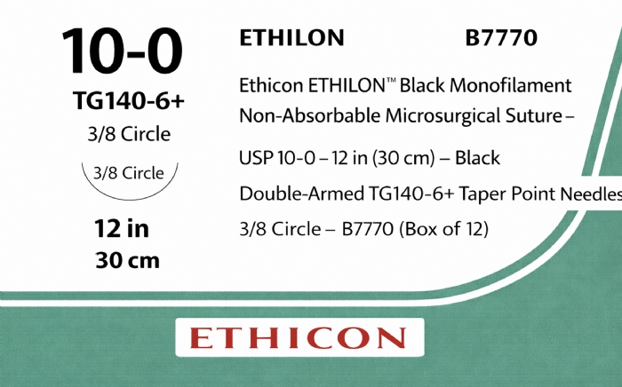Ethicon ETHILON™ Black Monofilament Non-Absorbable Microsurgical Suture – USP 10-0 – 12 in (30 cm) – Black – Double-Armed TG140-6+ Taper Point Needles – 3/8 Circle – B7770 (Box of 12)