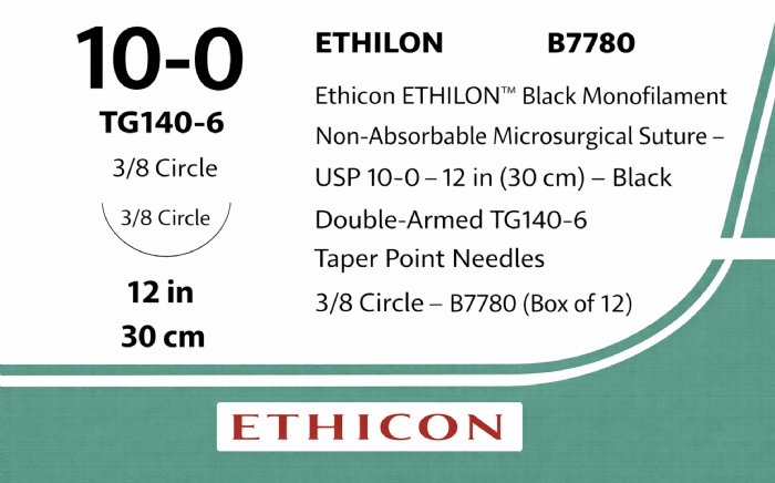 Ethicon ETHILON™ Black Monofilament Non-Absorbable Microsurgical Suture – USP 10-0 – 12 in (30 cm) – Black – Double-Armed TG140-6 Taper Point Needles – 3/8 Circle – B7780 (Box of 12)