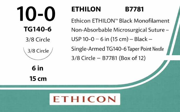 Ethicon ETHILON™ Black Monofilament Non-Absorbable Microsurgical Suture – USP 10-0 – 6 in (15 cm) – Black – Single-Armed TG140-6 Taper Point Needle – 3/8 Circle – B7781 (Box of 12)