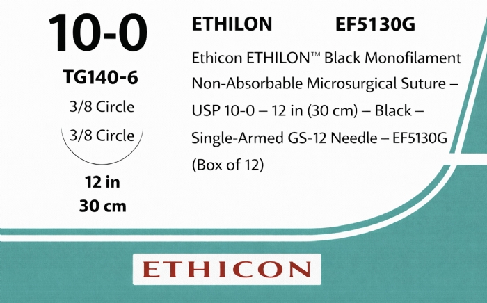 Ethicon ETHILON™ Black Monofilament Non-Absorbable Microsurgical Suture – USP 10-0 – 12 in (30 cm) – Black – Single-Armed GS-12 Needle – EF5130G (Box of 12)
