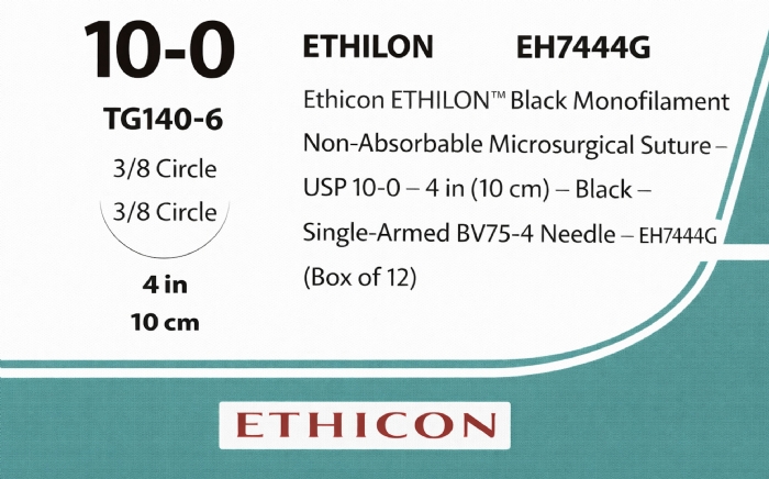 Ethicon ETHILON™ Black Monofilament Non-Absorbable Microsurgical Suture – USP 10-0 – 4 in (10 cm) – Black – Single-Armed BV75-4 Needle – EH7444G (Box of 12)